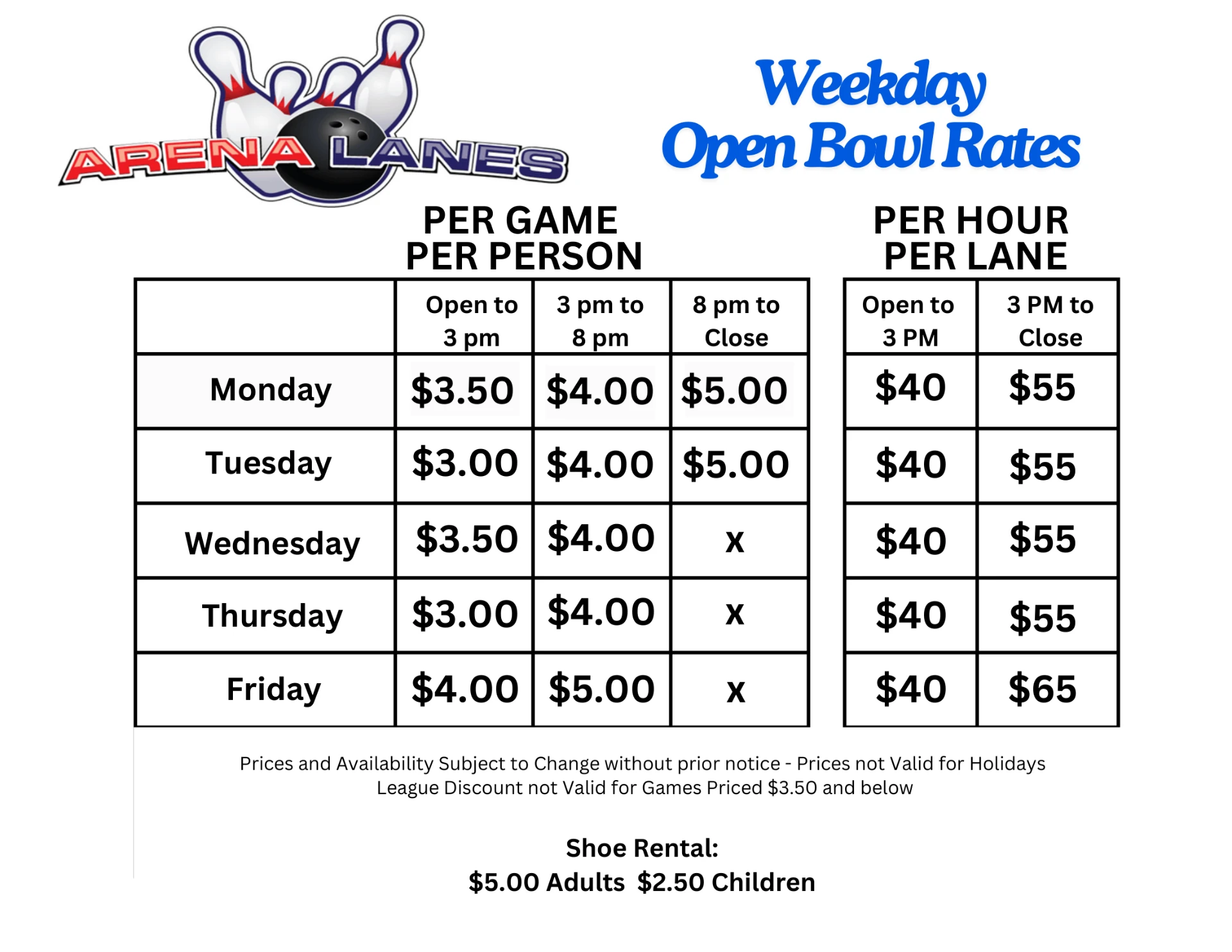 Arena Lanes Weekday Open Bowl Rates flyer