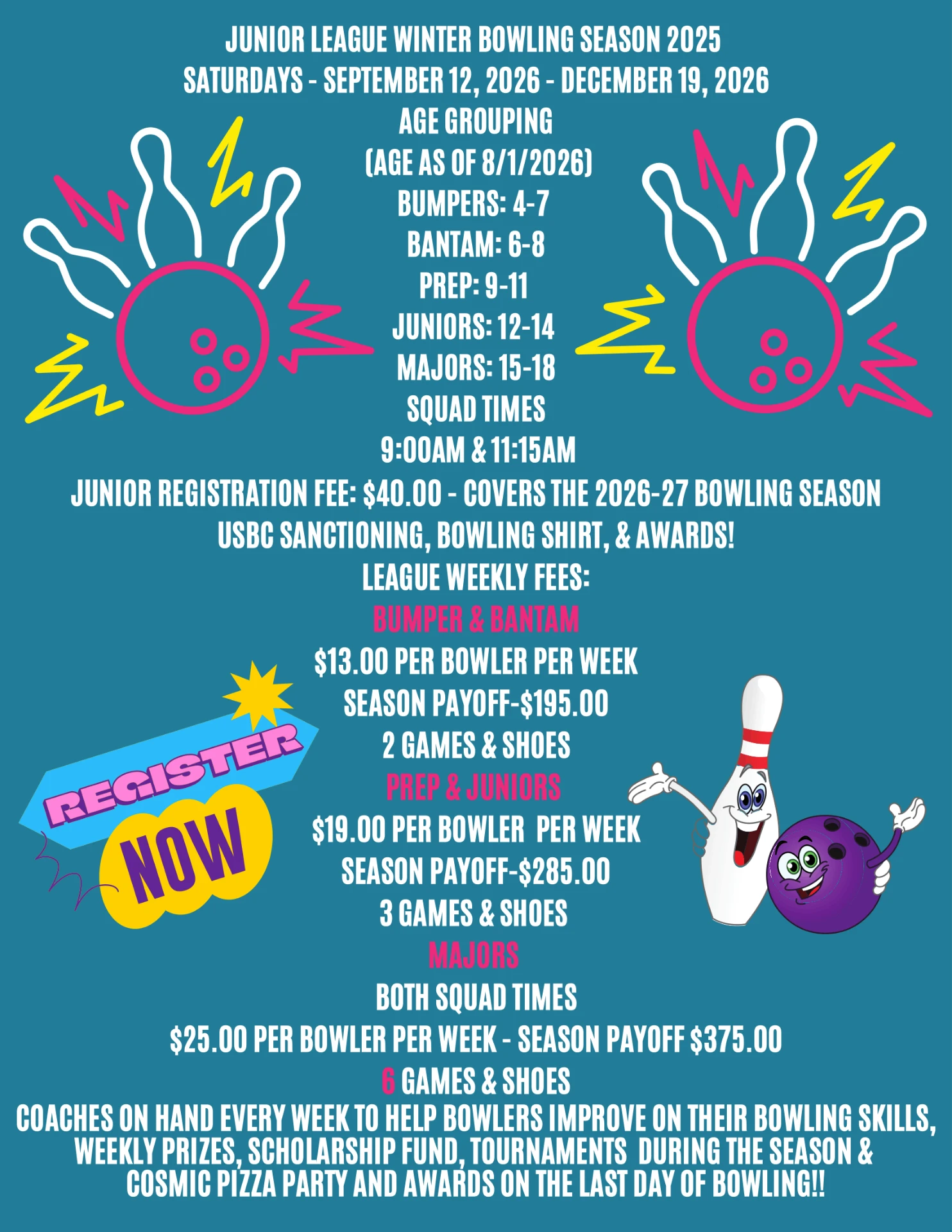 Junior League Winter Bowling Season 2025 flyer with age groups, pricing, and details
