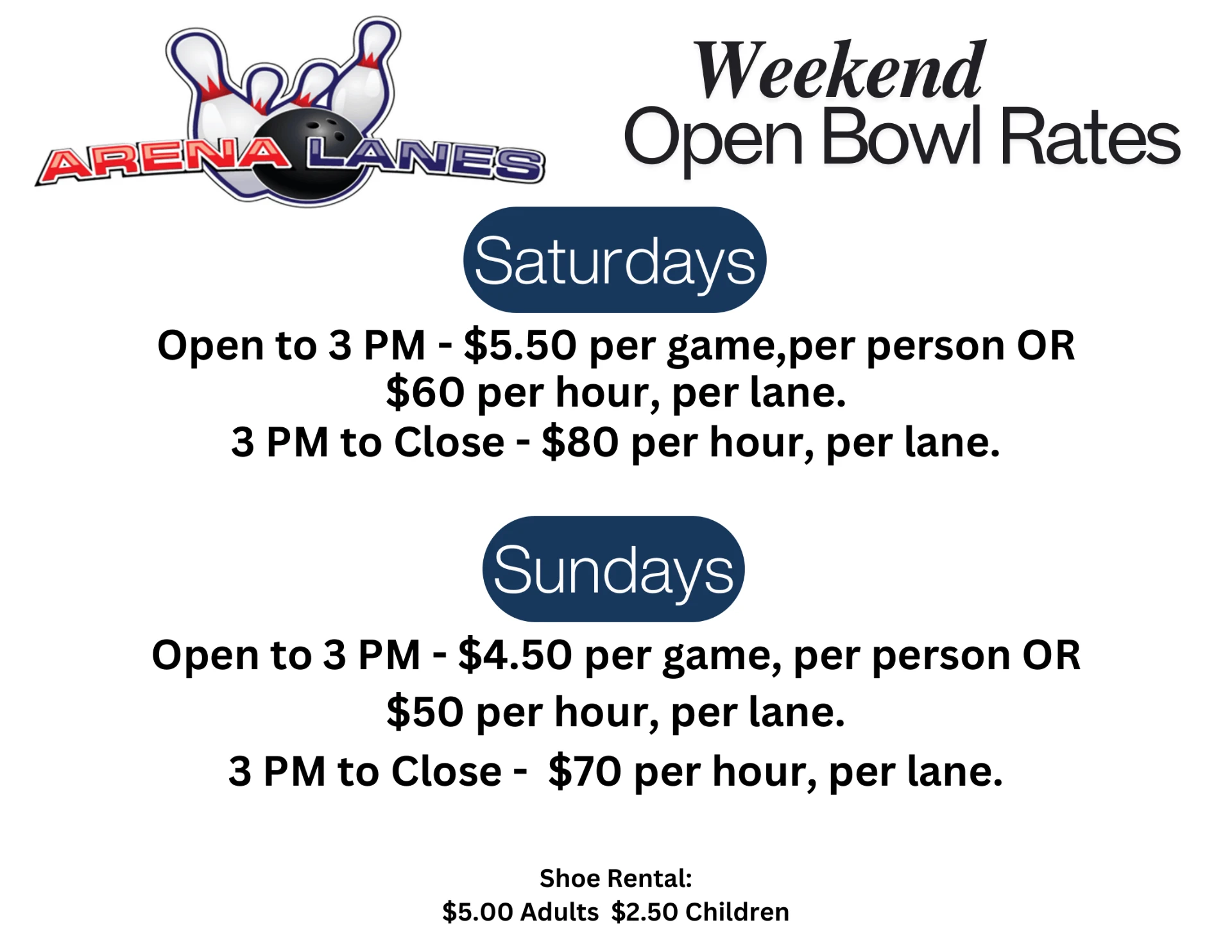 Arena Lanes Weekend Open Bowl Rates September 2026 flyer